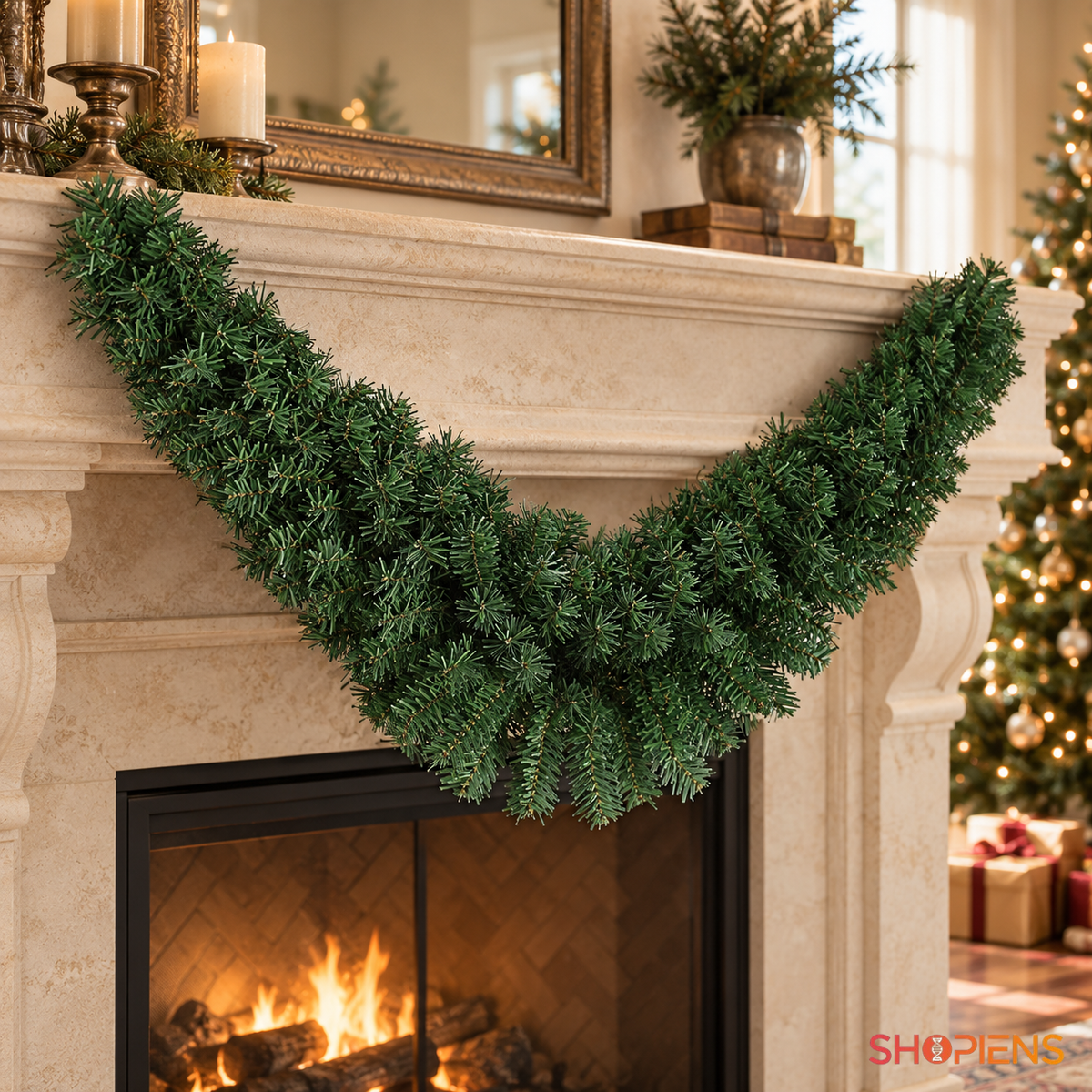 Ghirlandă verde tip arc, 122 cm, montată pe marginea șemineului, decor neinclus | Shopiens®