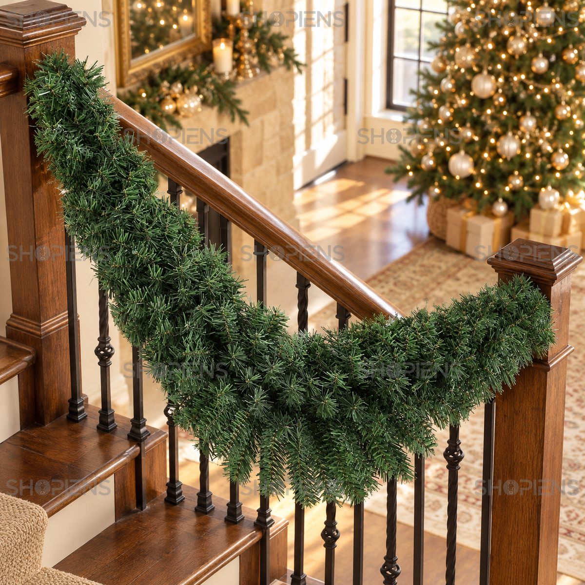 Ghirlandă verde tip arc, 122 cm, montată pe balustrada scării, decor neinclus | Shopiens®