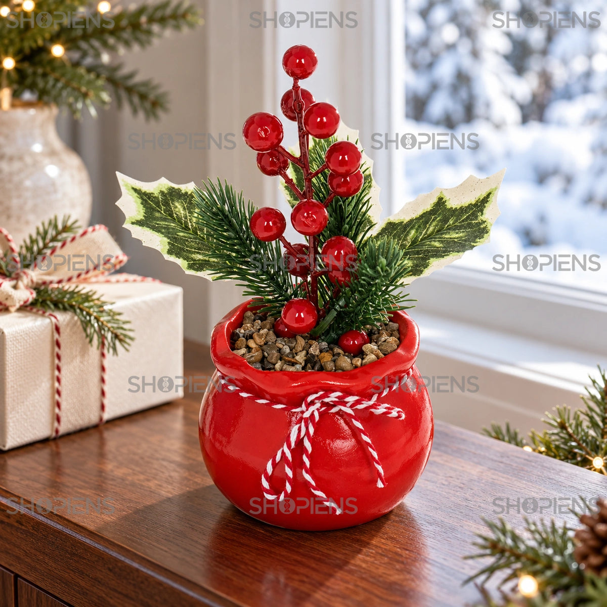 Ghiveci ceramic roșu cu ramuri și fructe, 20 cm pe o consolă lângă fereastră, într-un decor de iarnă | Shopiens®