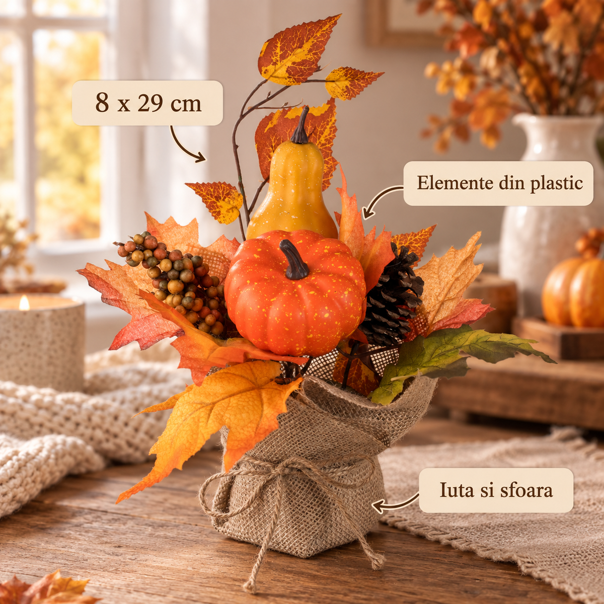 Ghiveci Rustic Cu Dovleci, Conuri Si Fructe, 29 Cm - specificatii - Shopiens
