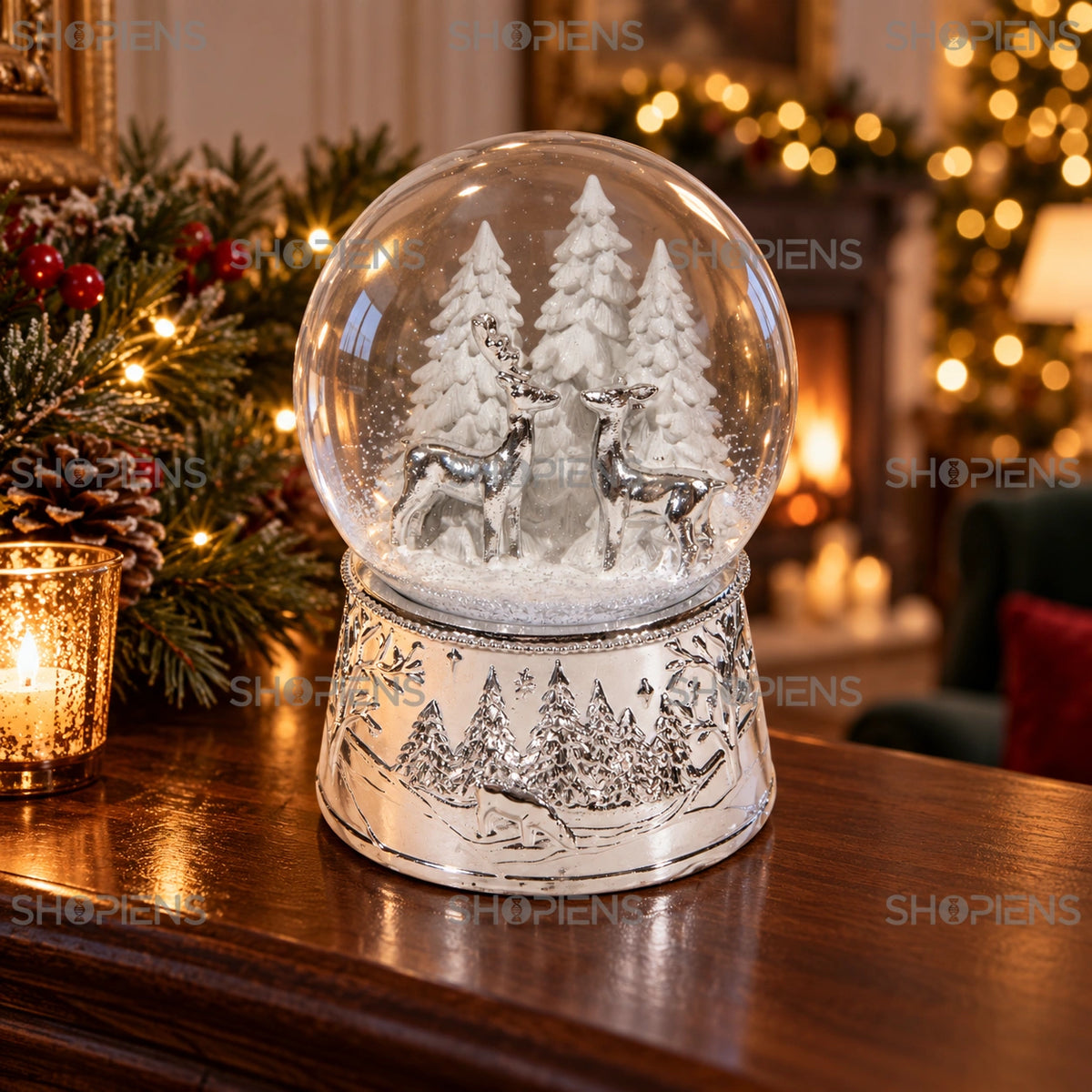 Glob muzical argintiu cu doi cerbi și brazi, 14 cm în decor festiv de seară | Shopiens®