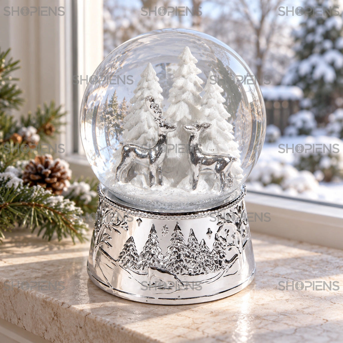 Glob muzical argintiu cu doi cerbi și brazi, 14 cm lângă fereastră, în decor de iarnă | Shopiens®