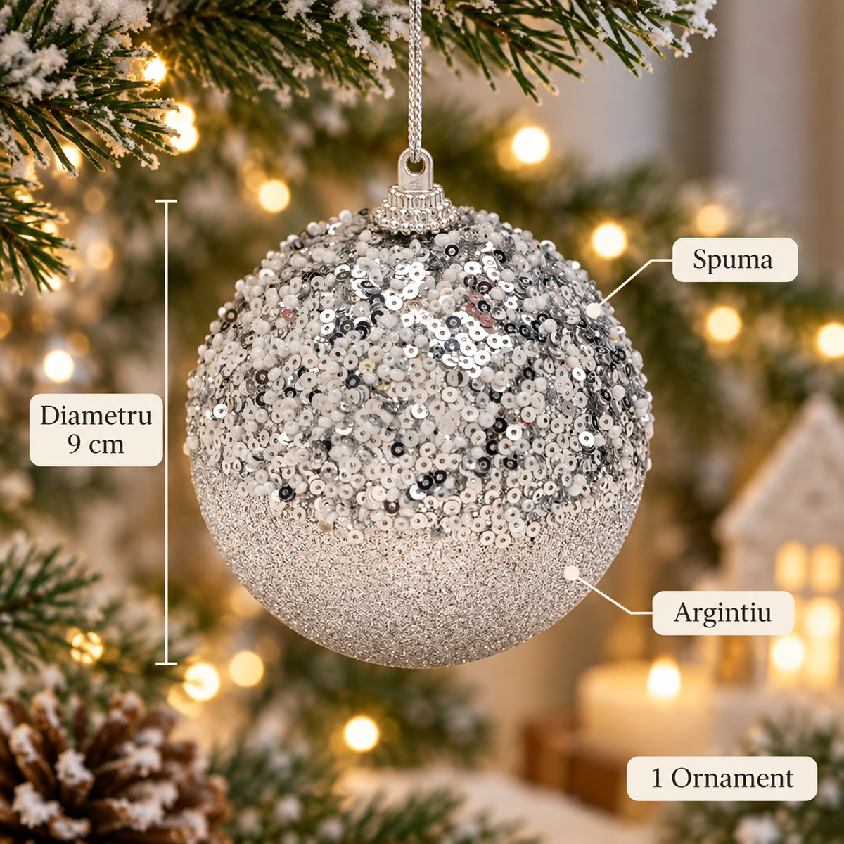 Glob Argintiu Cu Paiete Si Glitter 9 Cm - specificatii - Shopiens