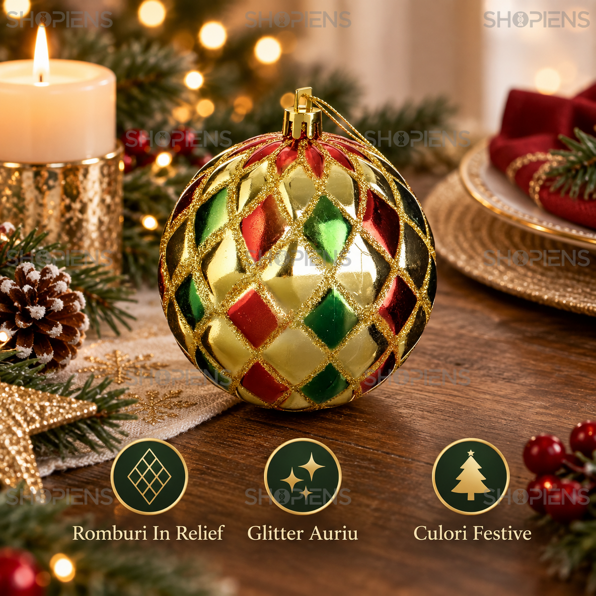 Glob Auriu Cu Romburi Rosii Si Verzi 8 Cm - avantaje - Shopiens