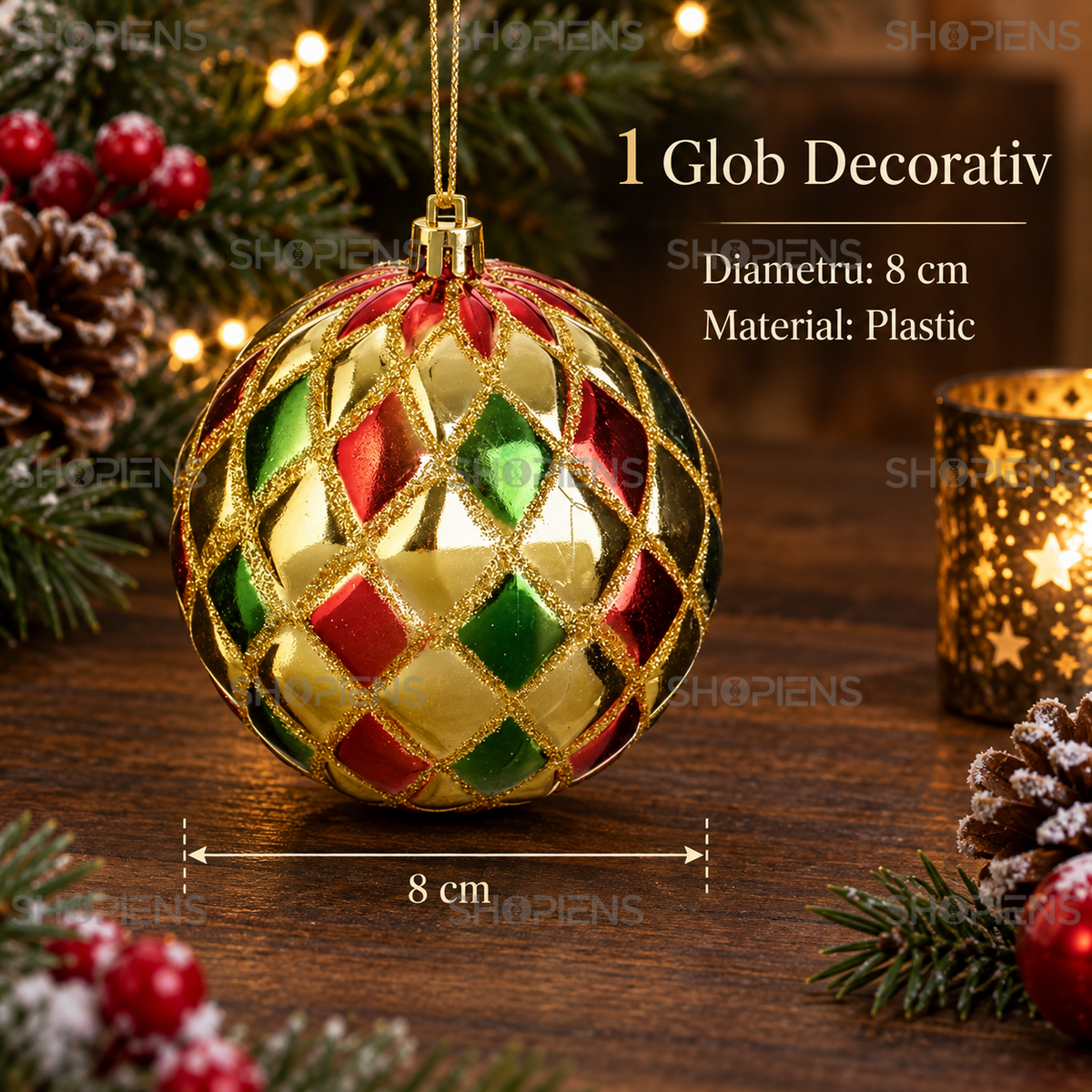 Glob Auriu Cu Romburi Rosii Si Verzi 8 Cm - specificatii - Shopiens