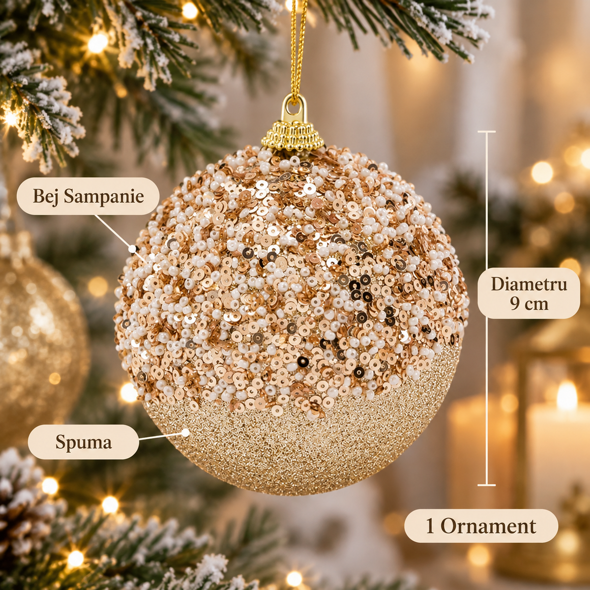 Glob Bej Sampanie Cu Margele Si Paiete 9 Cm - specificatii - Shopiens