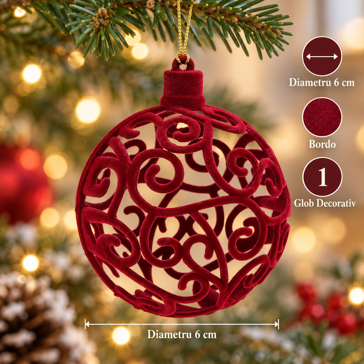 Glob Bordo Catifelat Cu Model Ajurat 6 Cm - specificatii - Shopiens