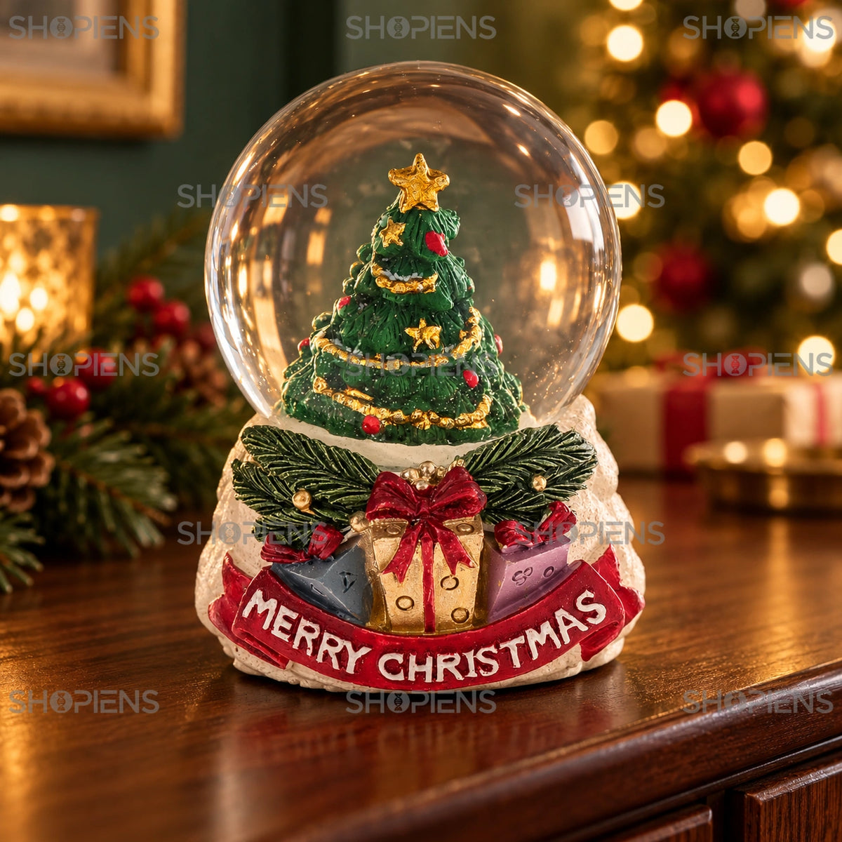 Glob cu brad și mesaj Merry Christmas, 6 cm într-un decor festiv de seară | Shopiens®