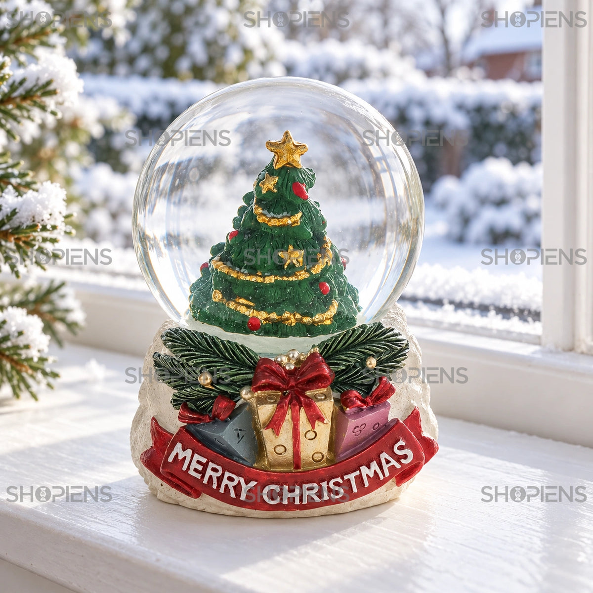 Glob cu brad și mesaj Merry Christmas, 6 cm lângă fereastră într-un decor de iarnă | Shopiens®