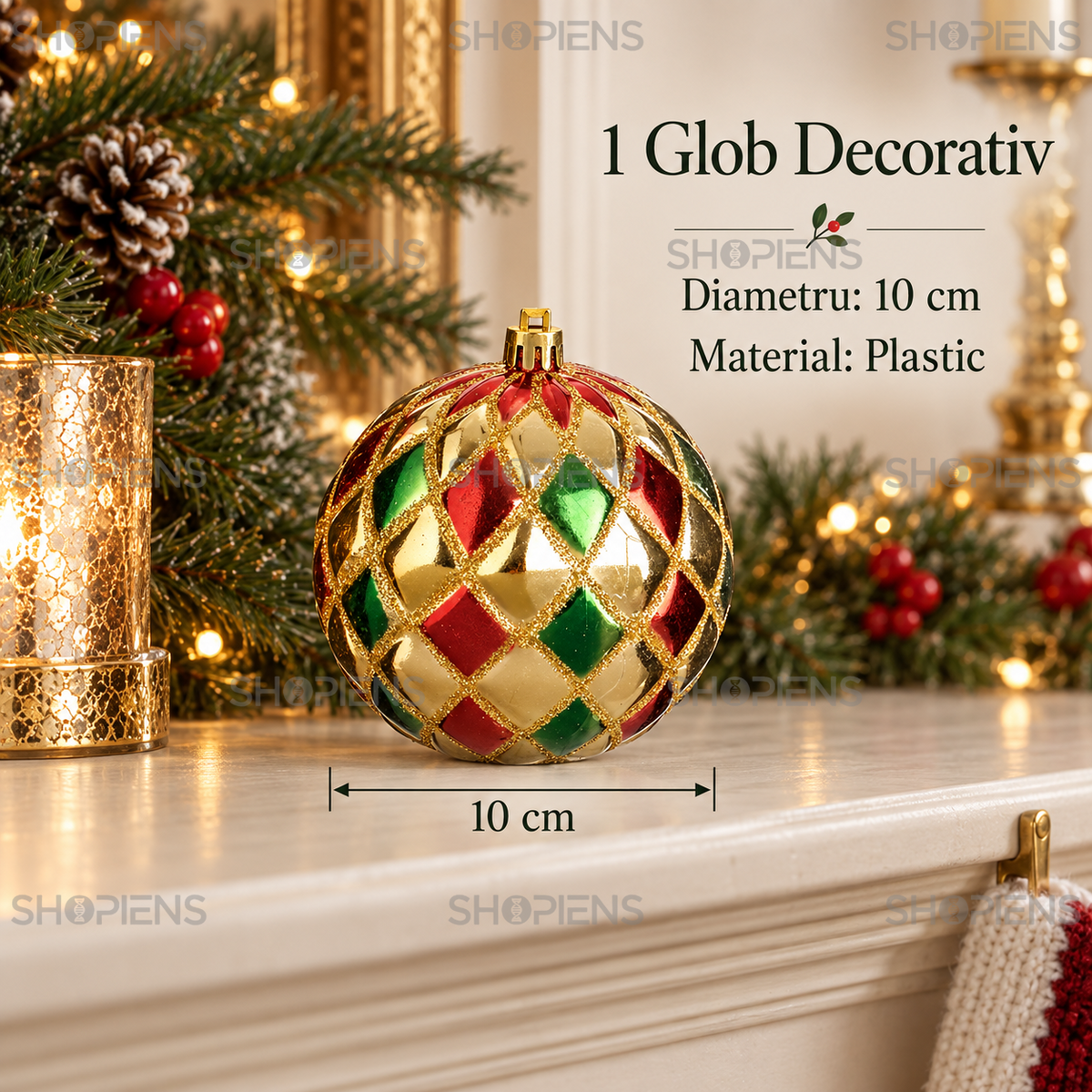 Glob De Brad Cu Romburi In Relief Si Glitter 10 Cm - specificatii - Shopiens