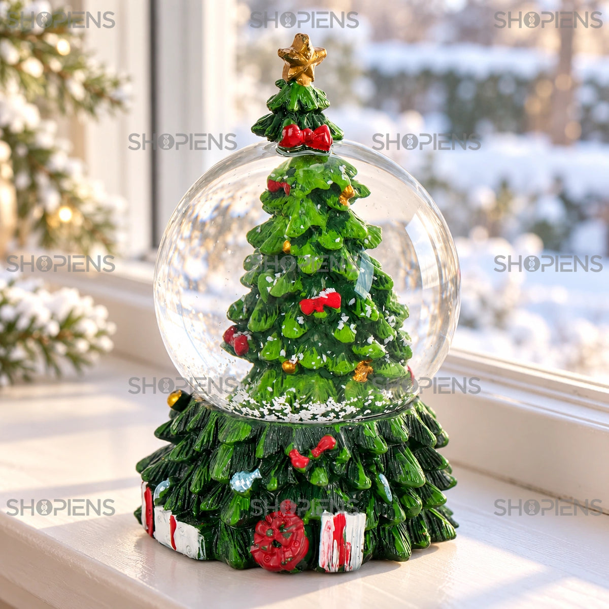Glob cu brad împodobit și stea aurie, 8 cm lângă fereastră într-un decor de iarnă | Shopiens®