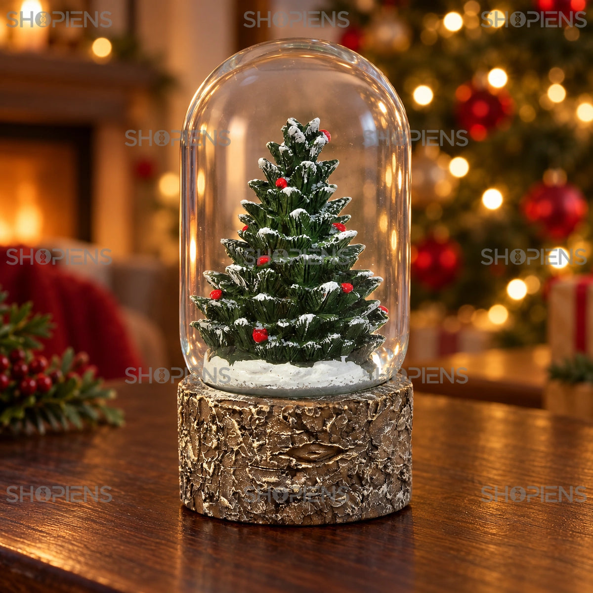 Brad în glob decorativ cu bază de trunchi, 11 cm într-un decor festiv de seară | Shopiens®