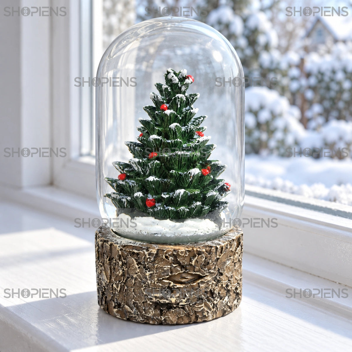 Brad în glob decorativ cu bază de trunchi, 11 cm lângă fereastră într-un decor de iarnă | Shopiens®