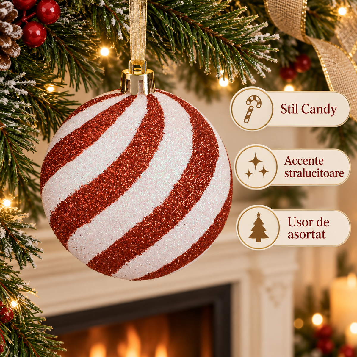 Glob Candy Cu Dungi Rosii Si Albe, 8 Cm - avantaje - Shopiens