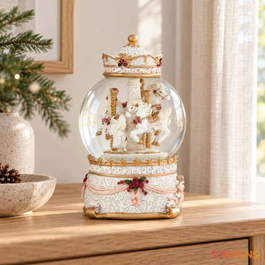 Carusel muzical în glob de zăpadă, 17 cm pe o consolă într-un decor luminos | Shopiens®