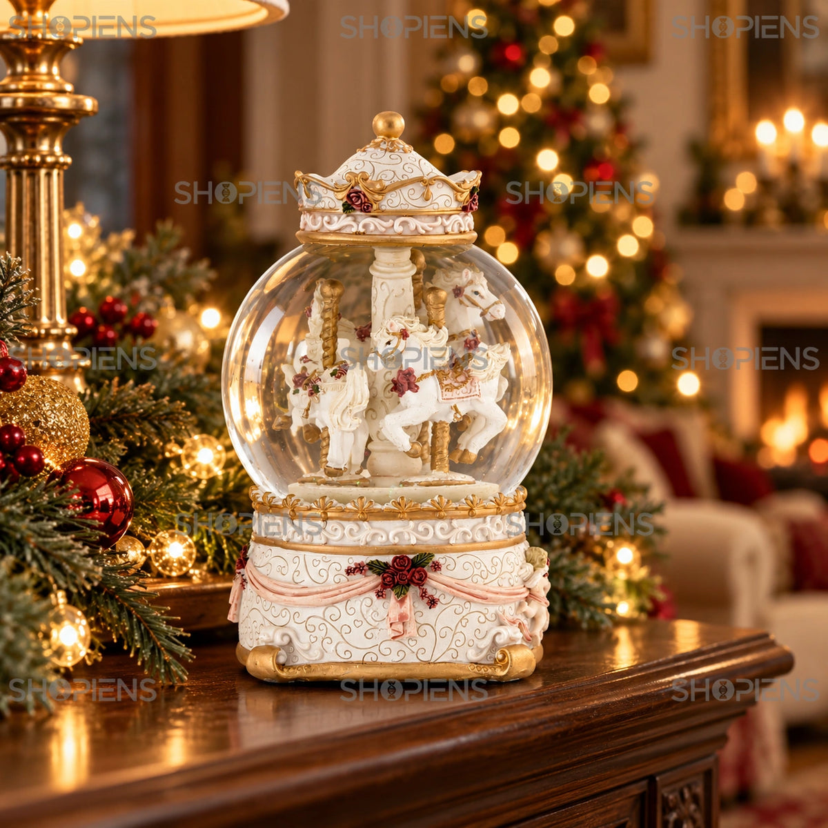 Carusel muzical în glob de zăpadă, 17 cm într-un decor festiv de seară | Shopiens®