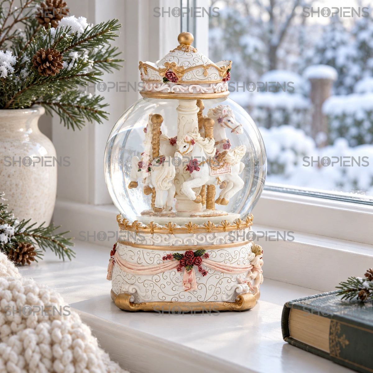Carusel muzical în glob de zăpadă, 17 cm lângă fereastră într-un decor de iarnă | Shopiens®