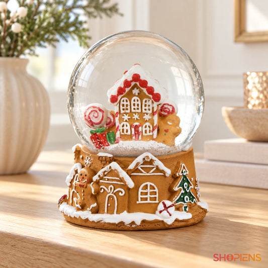 Glob cu căsuță de turtă dulce, 6,5 cm pe o consolă într-un decor luminos | Shopiens®