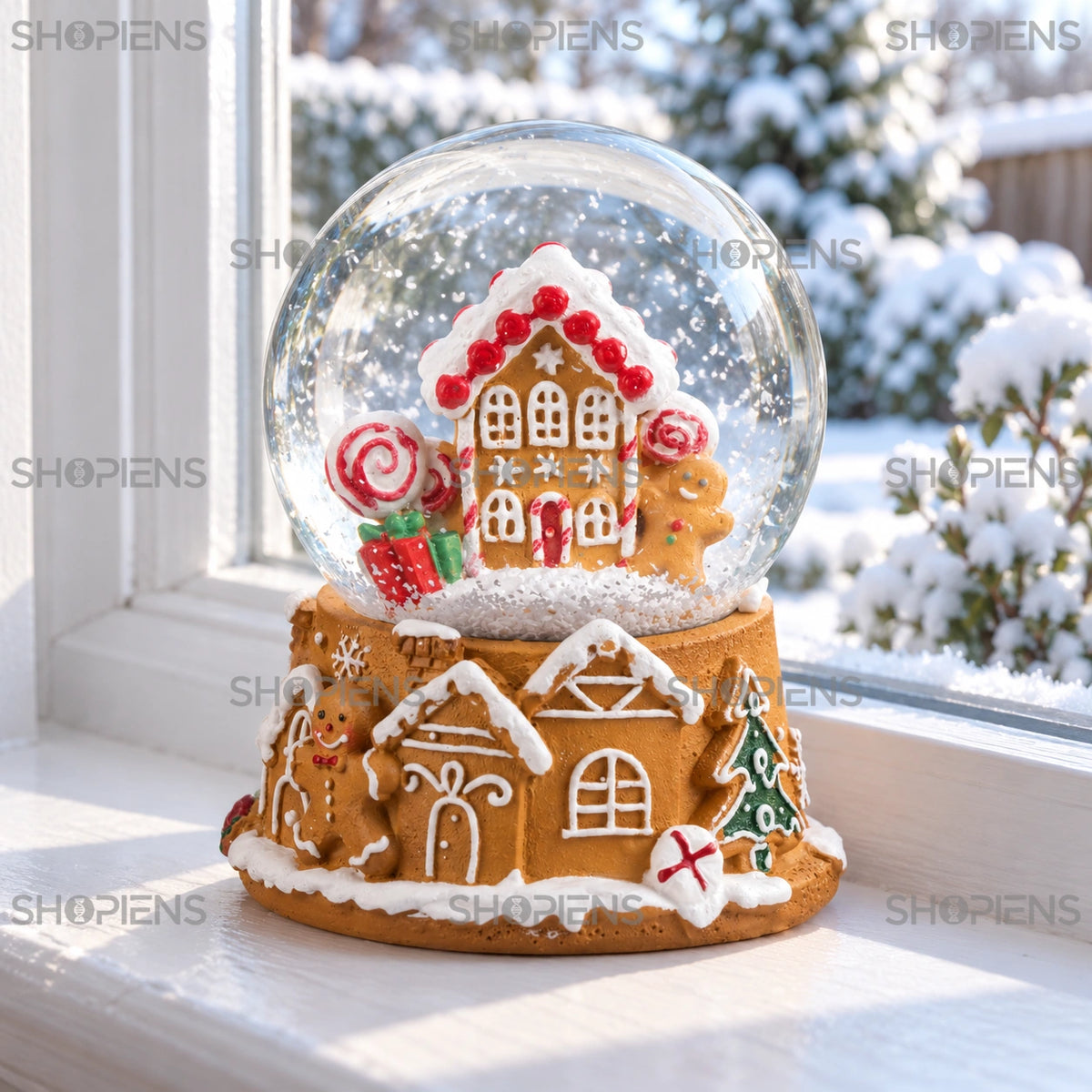 Glob cu căsuță de turtă dulce, 6,5 cm lângă fereastră într-un decor de iarnă | Shopiens®