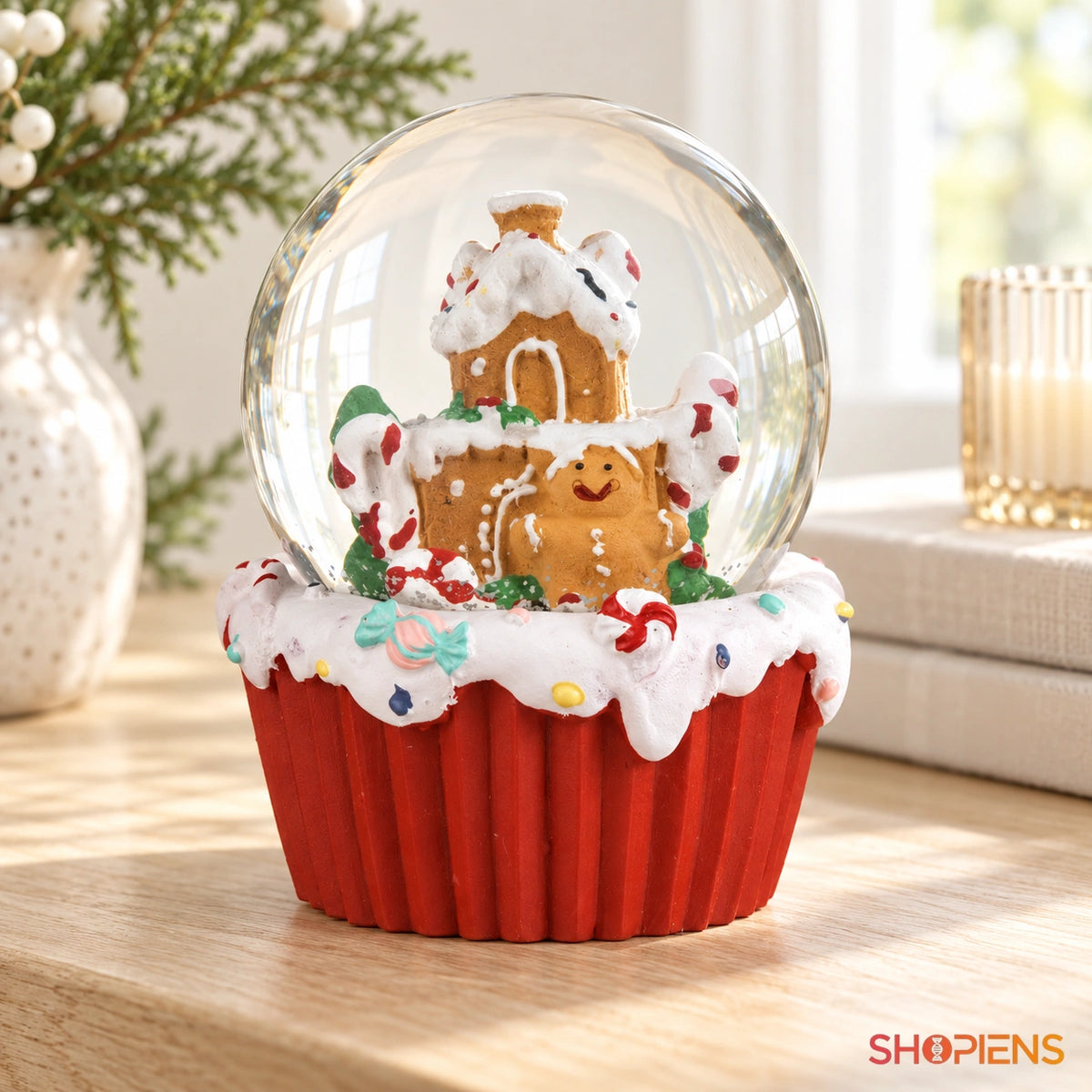Glob de zăpadă cu căsuță pe brioșă roșie pe o consolă într-un decor luminos | Shopiens®