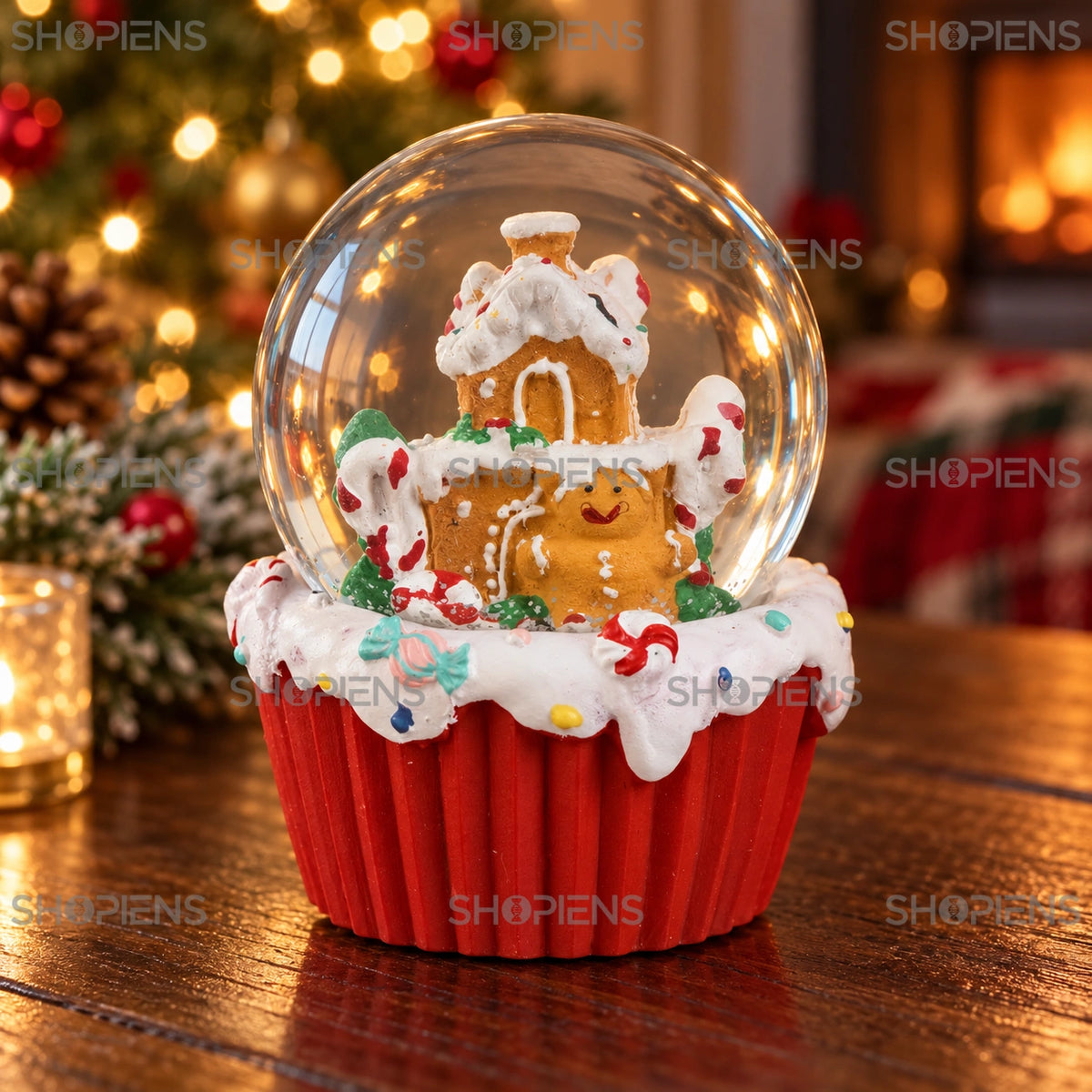 Glob de zăpadă cu căsuță pe brioșă roșie într-un decor festiv de seară | Shopiens®