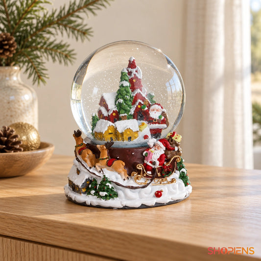 Glob cu căsuțe de turtă dulce, muzică și LED, 17 cm pe o consolă într-un decor luminos | Shopiens®