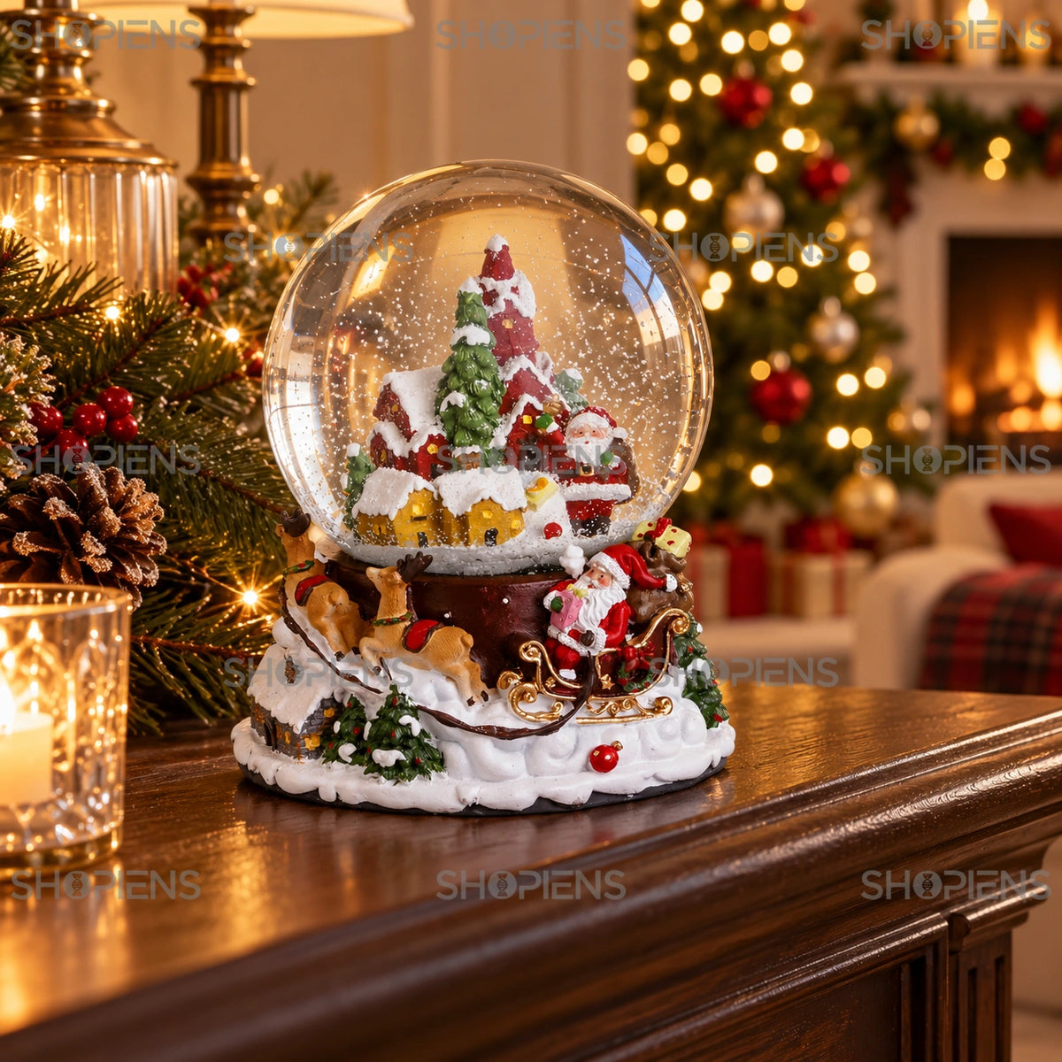 Glob cu căsuțe de turtă dulce, muzică și LED, 17 cm într-un decor festiv de seară | Shopiens®