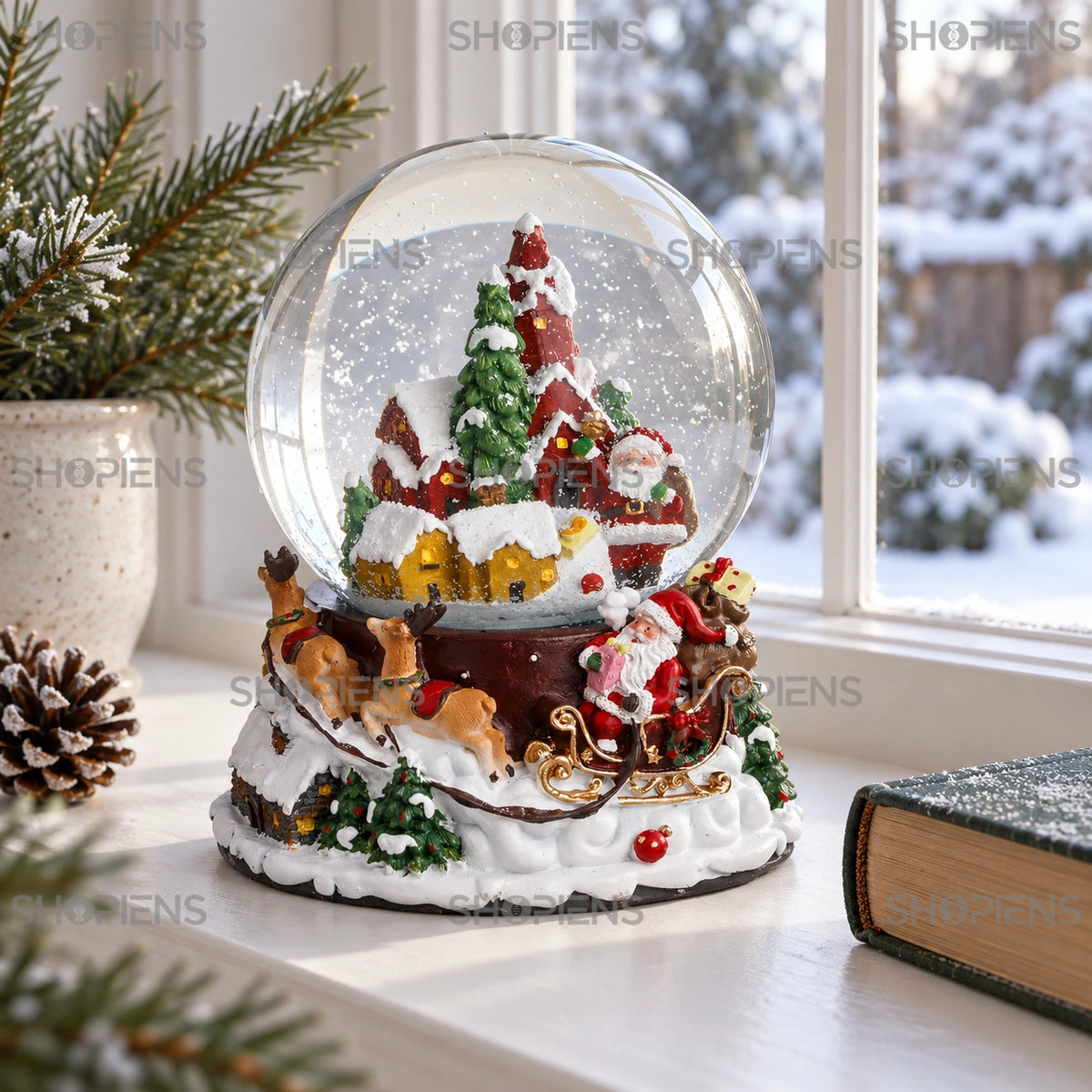 Glob cu căsuțe de turtă dulce, muzică și LED, 17 cm lângă fereastră într-un decor de iarnă | Shopiens®
