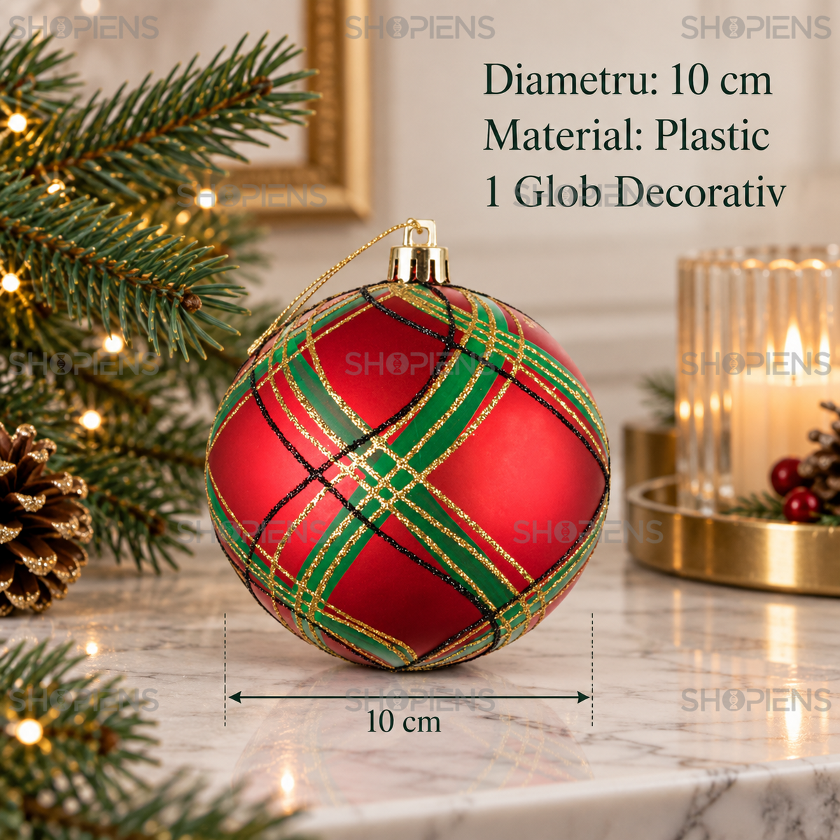 Glob De Craciun Rosu In Carouri Clasice 10 Cm - specificatii - Shopiens