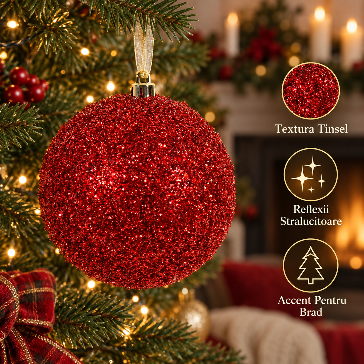 Glob De Craciun Rosu Cu Textura Tinsel 12 Cm - avantaje - Shopiens