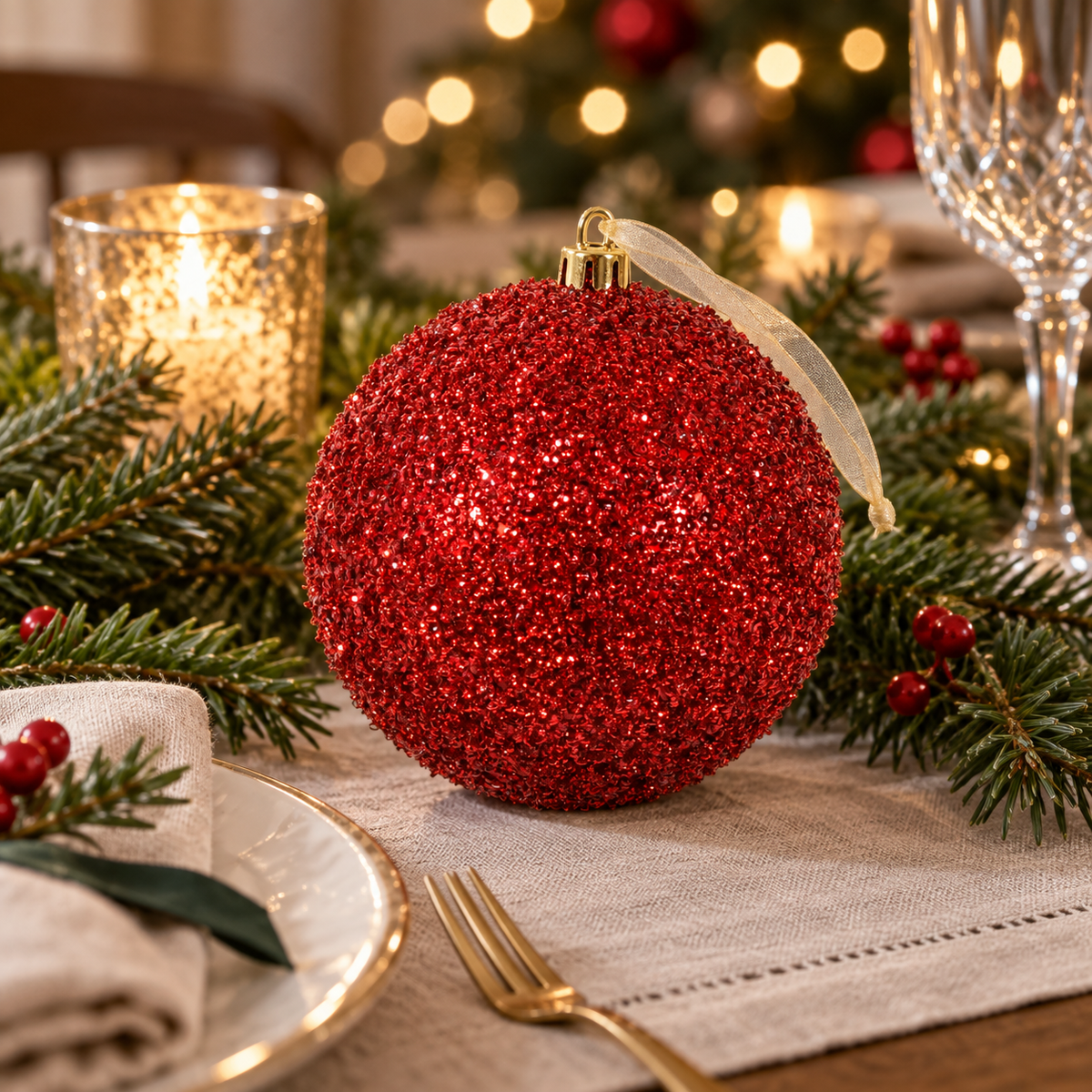 Glob De Craciun Rosu Cu Textura Tinsel 12 Cm - lifestyle principala - Shopiens