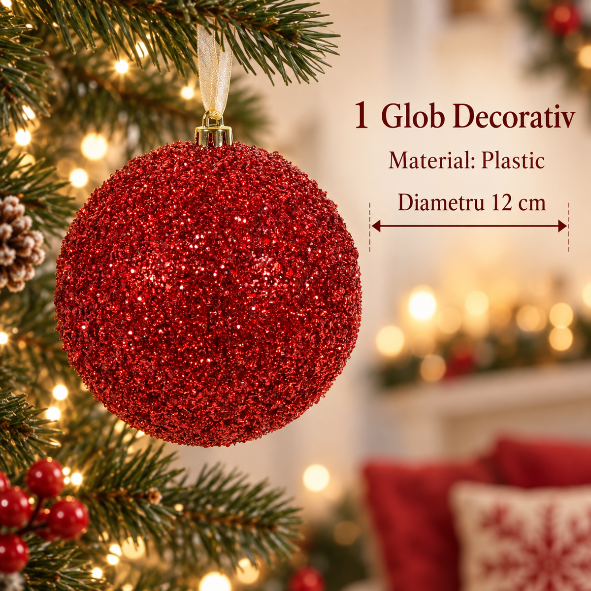 Glob De Craciun Rosu Cu Textura Tinsel 12 Cm - specificatii - Shopiens