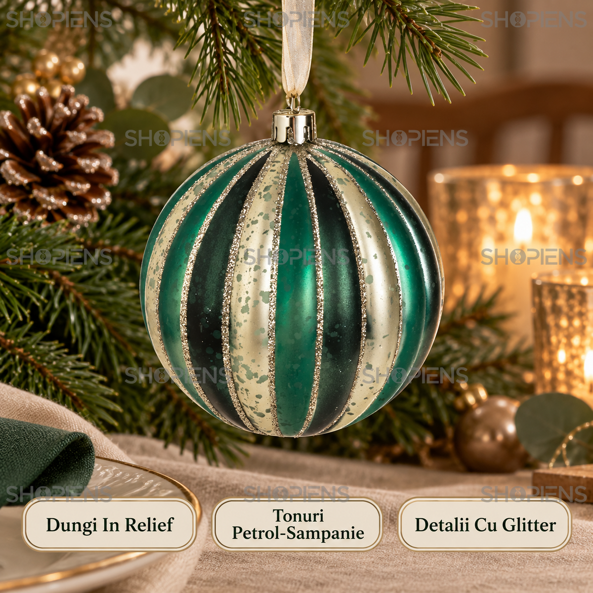 Glob Decorativ Bej-Petrol Cu Dungi In Relief, 10 Cm - avantaje - Shopiens