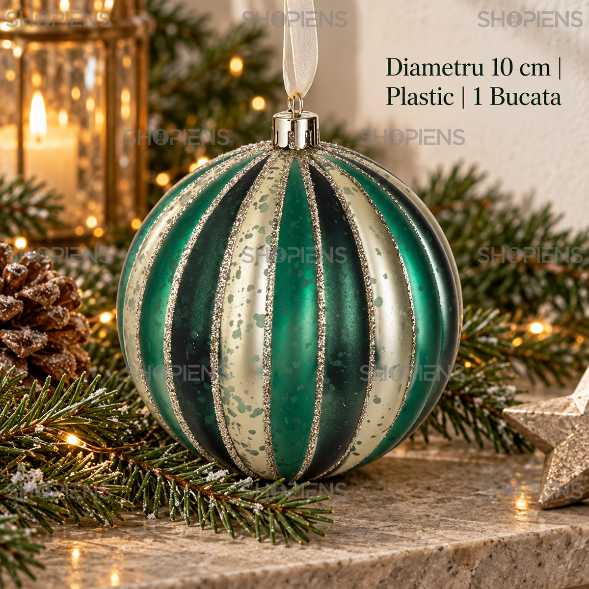 Glob Decorativ Bej-Petrol Cu Dungi In Relief, 10 Cm - specificatii - Shopiens