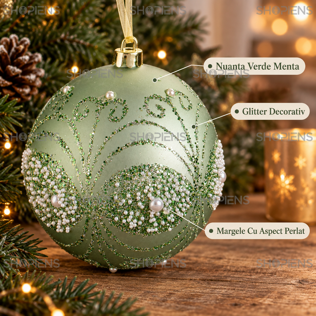 Glob Decorativ Verde Menta Cu Detalii Perlate, 12 Cm - avantaje - Shopiens
