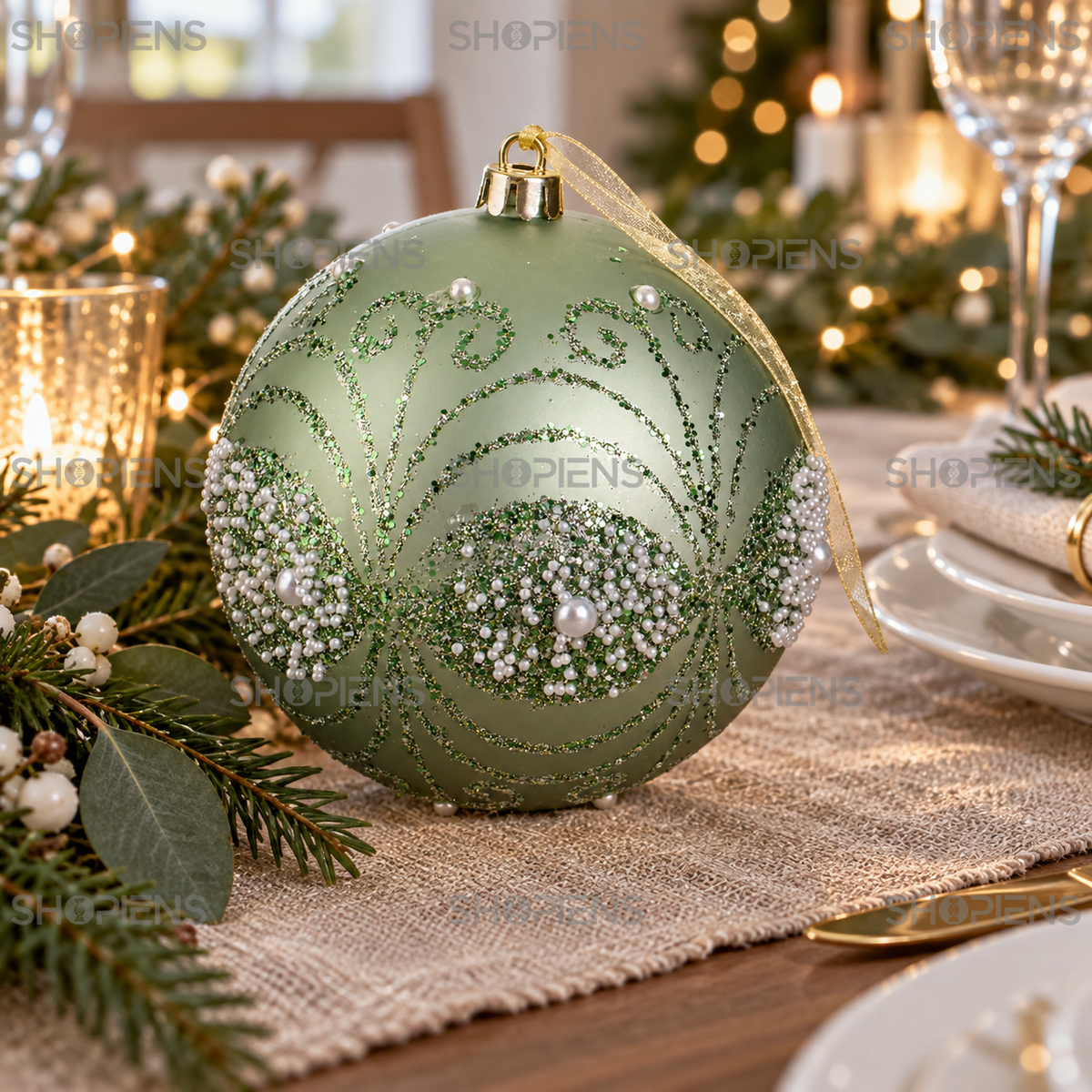 Glob Decorativ Verde Menta Cu Detalii Perlate, 12 Cm - in folosinta 2 - Shopiens