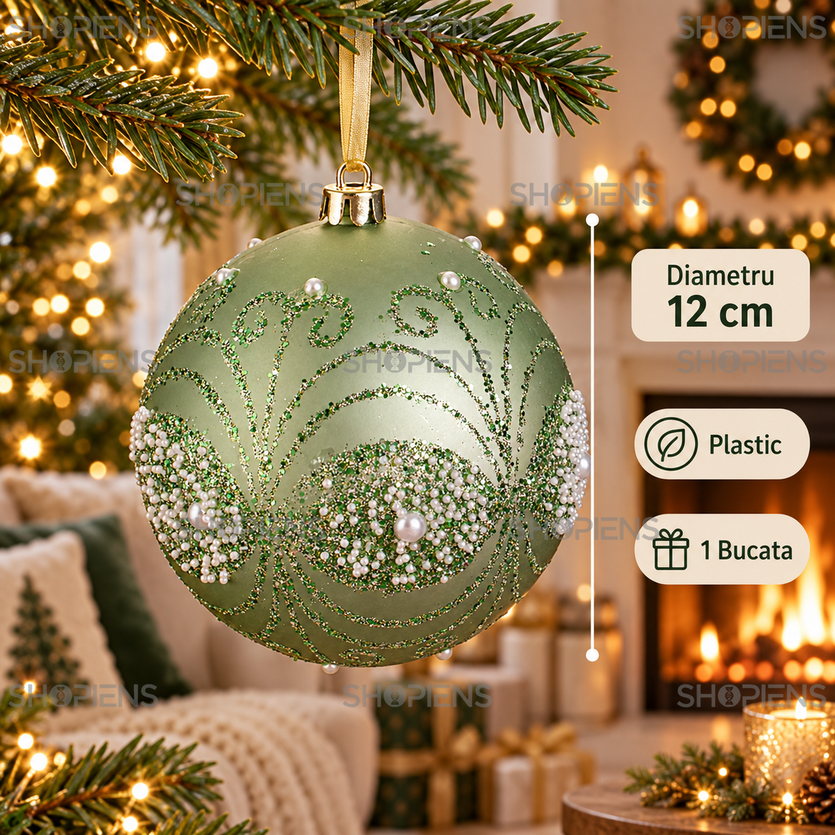 Glob Decorativ Verde Menta Cu Detalii Perlate, 12 Cm - specificatii - Shopiens