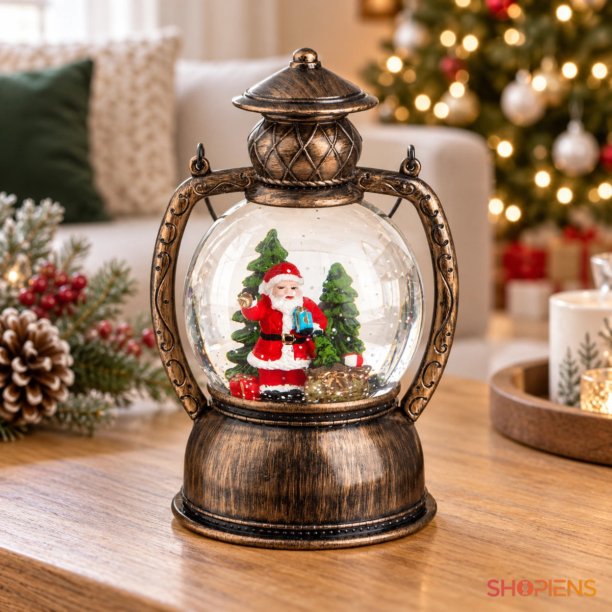 Glob tip felinar bronz cu Moș Crăciun și muzică, 20 cm în decor luminos de Crăciun | Shopiens®