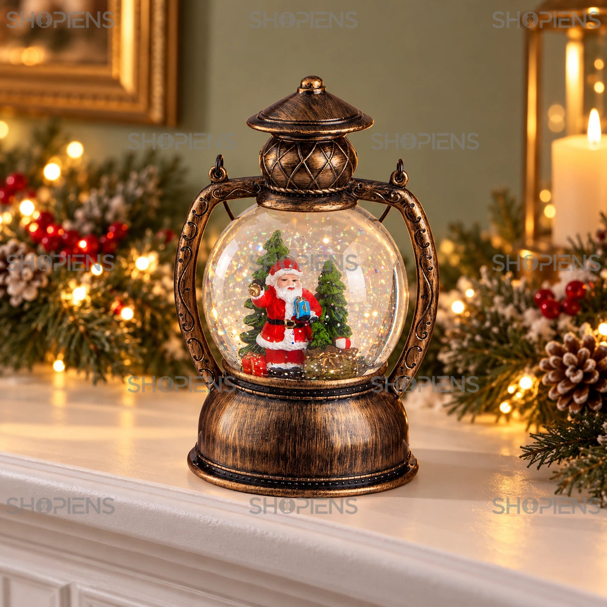 Glob tip felinar bronz cu Moș Crăciun și muzică, 20 cm în decor festiv de seară | Shopiens®