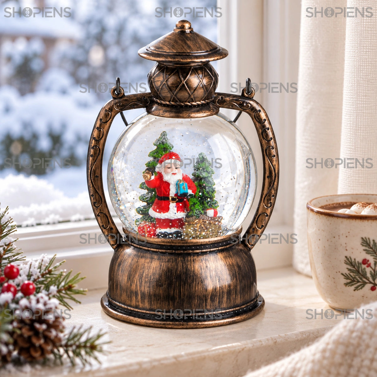 Glob tip felinar bronz cu Moș Crăciun și muzică, 20 cm lângă fereastră, în decor de iarnă | Shopiens®