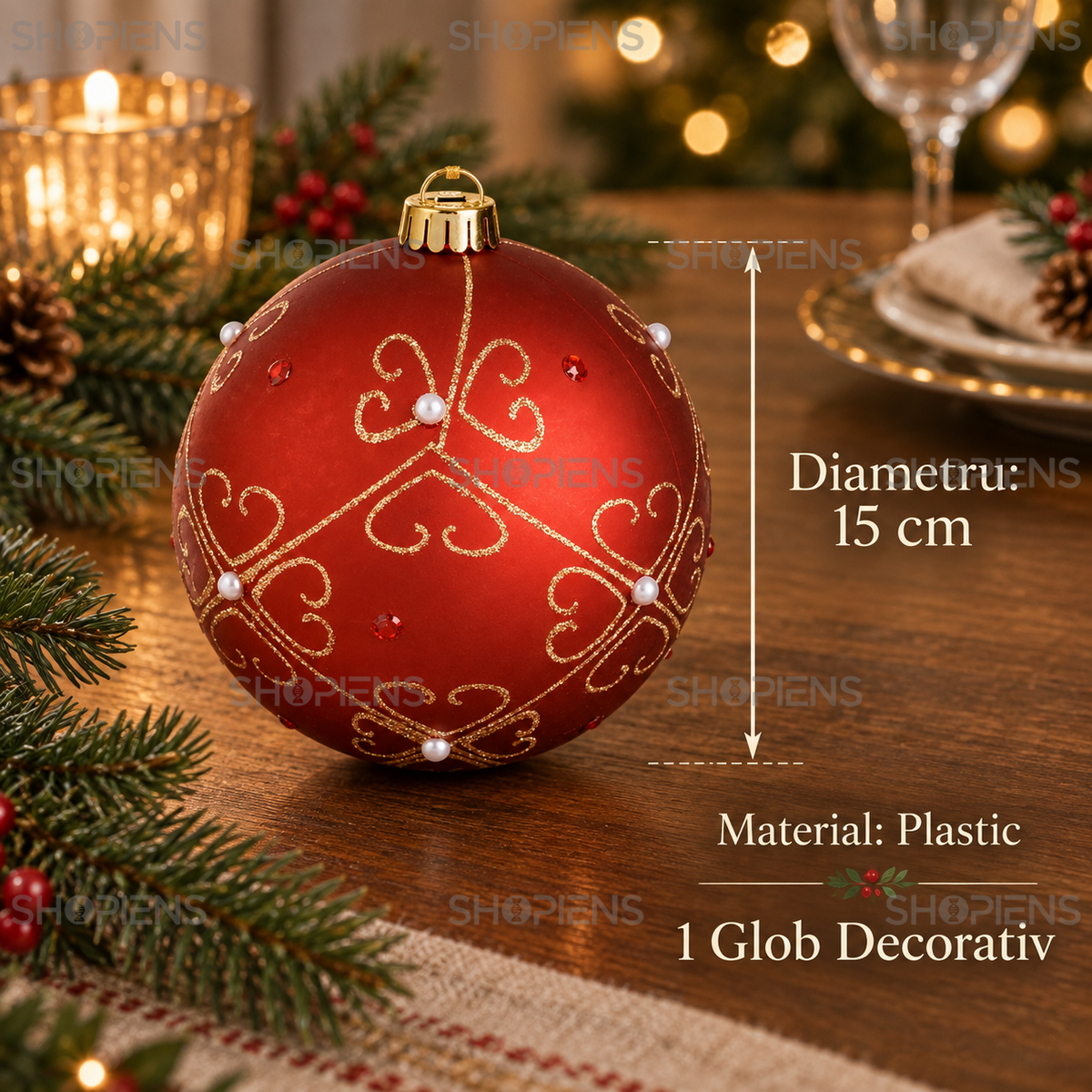 Glob Floral Rosu Cu Margele Si Strasuri 15 Cm - specificatii - Shopiens