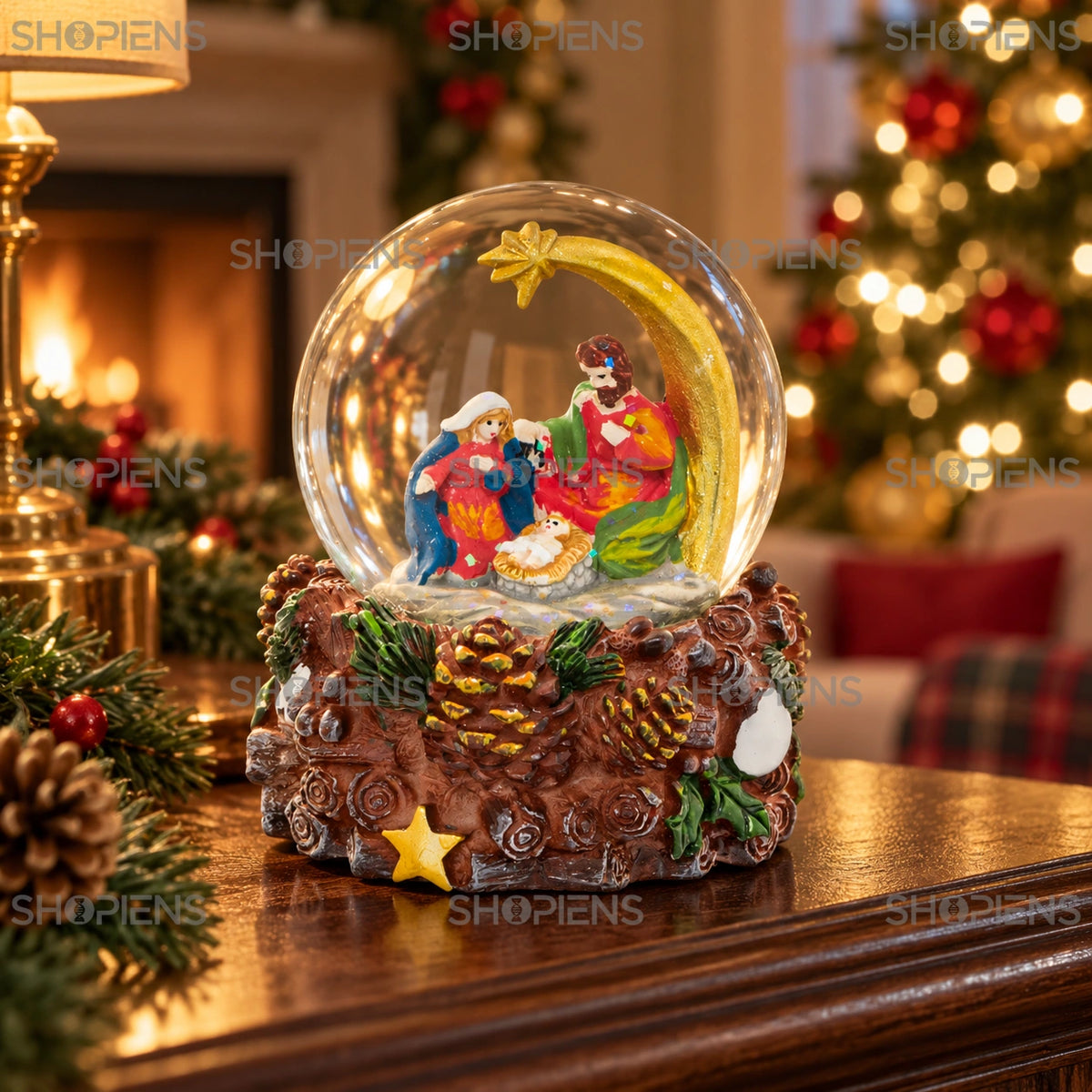 Glob de zăpadă cu iesle și stea, 8 cm într-un decor festiv de seară | Shopiens®