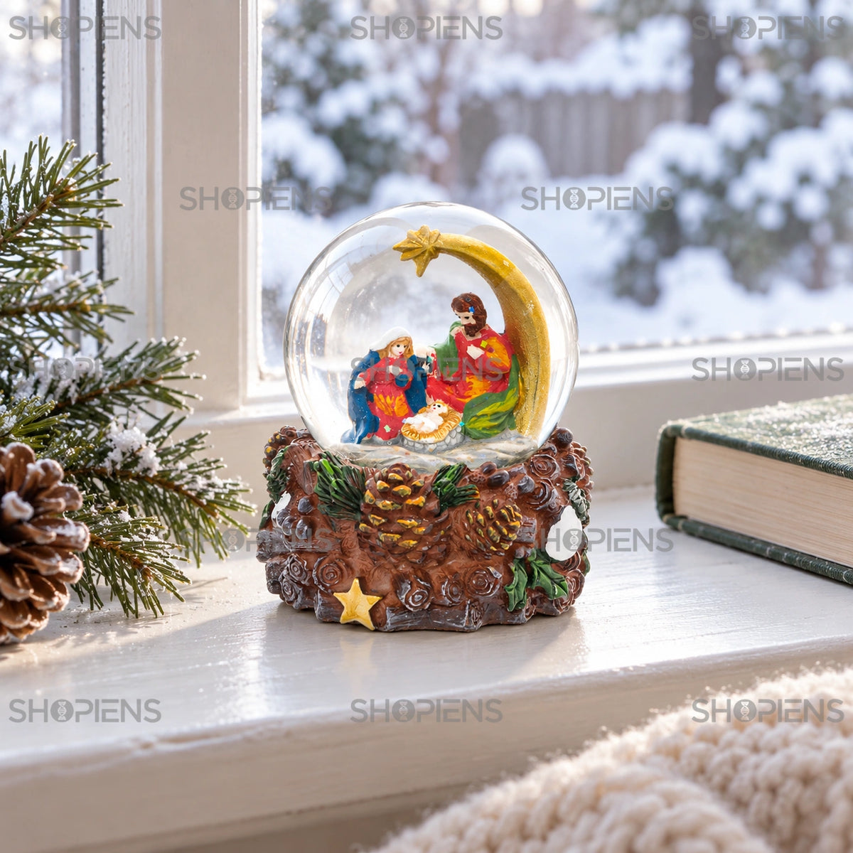 Glob de zăpadă cu iesle și stea, 8 cm lângă fereastră într-un decor de iarnă | Shopiens®