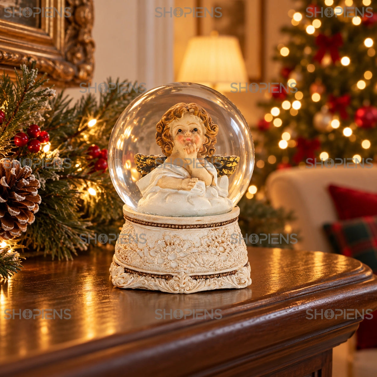 Glob decorativ cu îngeraș și aripi aurii, 8 cm într-un decor festiv de seară | Shopiens®