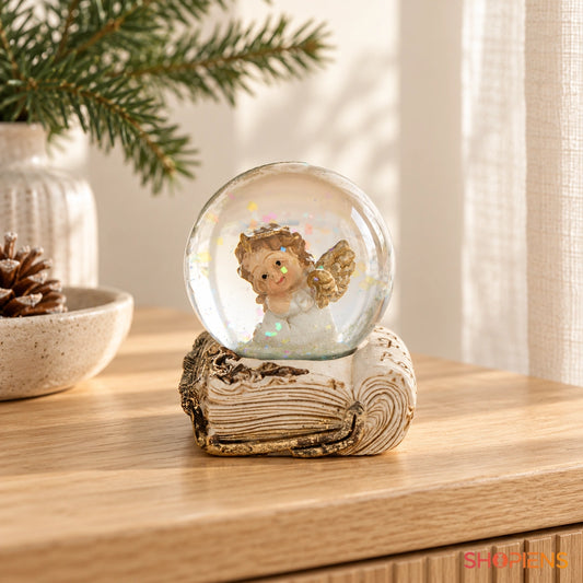 Îngeraș ecru în glob pe carte, 6 cm pe o consolă într-un decor luminos | Shopiens®
