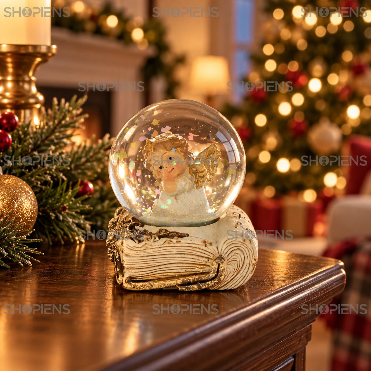 Îngeraș ecru în glob pe carte, 6 cm într-un decor festiv de seară | Shopiens®