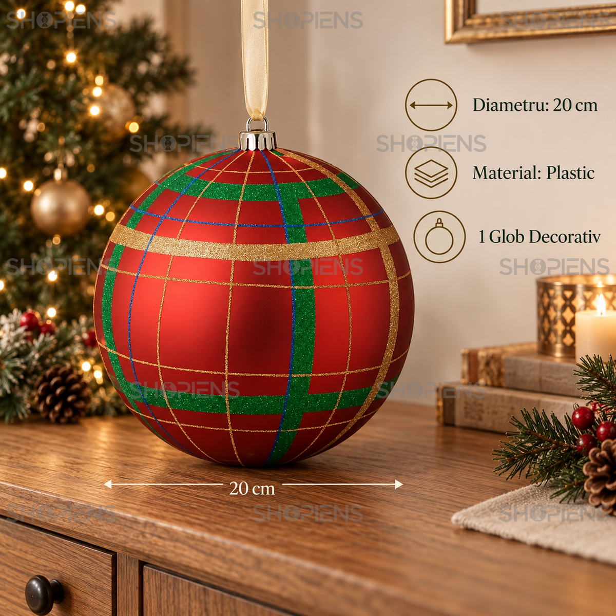 Glob Mare Rosu Cu Carouri Festive Si Glitter 20 Cm - specificatii - Shopiens