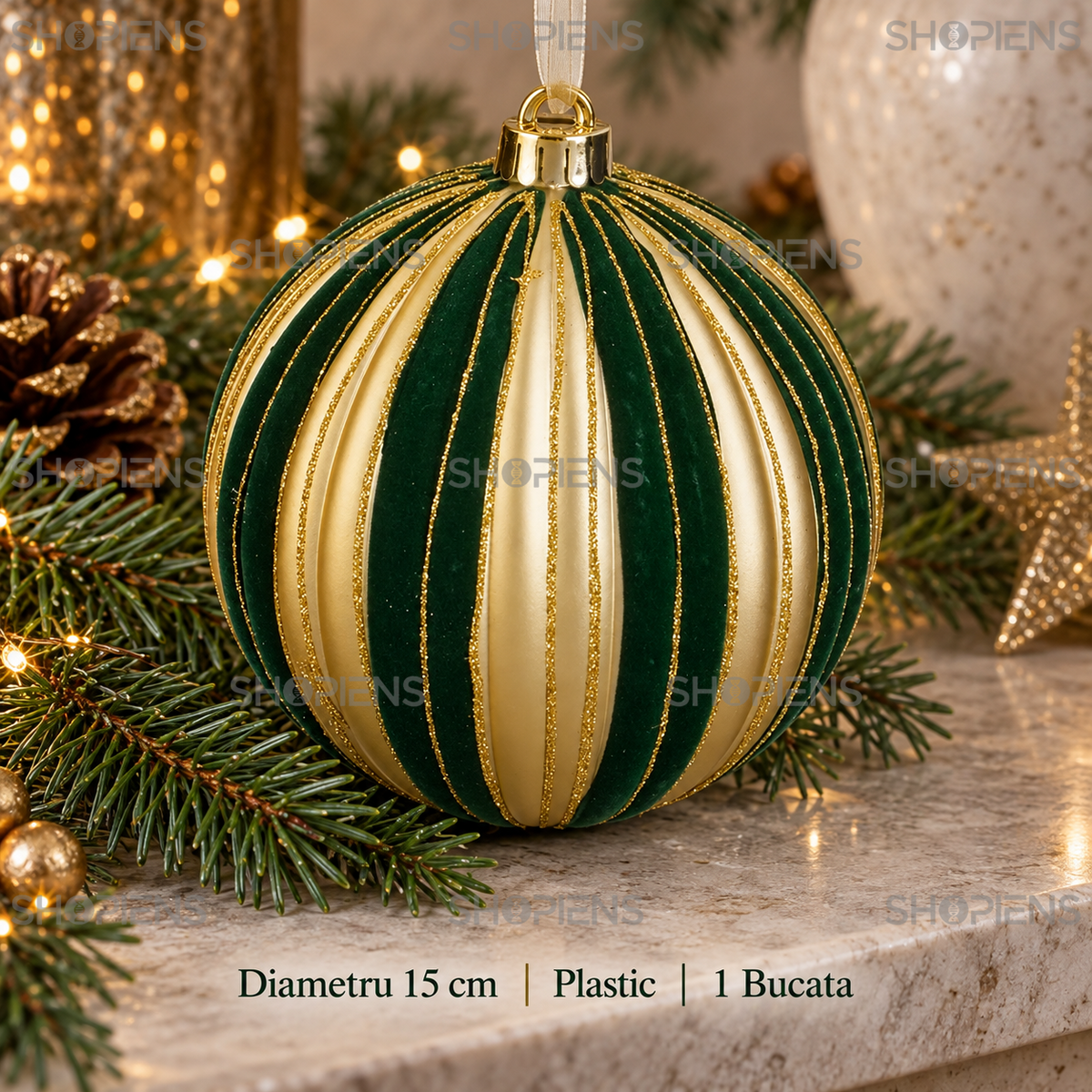 Glob Mare Verde Catifelat Cu Accente Aurii, 15 Cm - specificatii - Shopiens