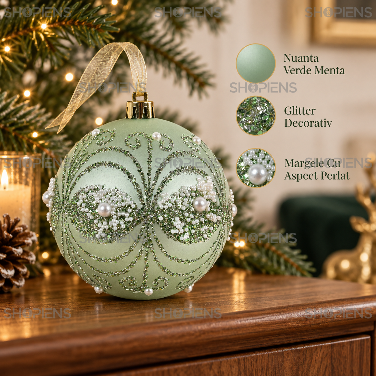 Glob Mat Verde Menta Cu Arabescuri Si Margele, 10 Cm - avantaje - Shopiens