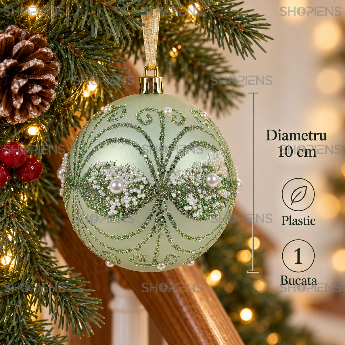 Glob Mat Verde Menta Cu Arabescuri Si Margele, 10 Cm - specificatii - Shopiens